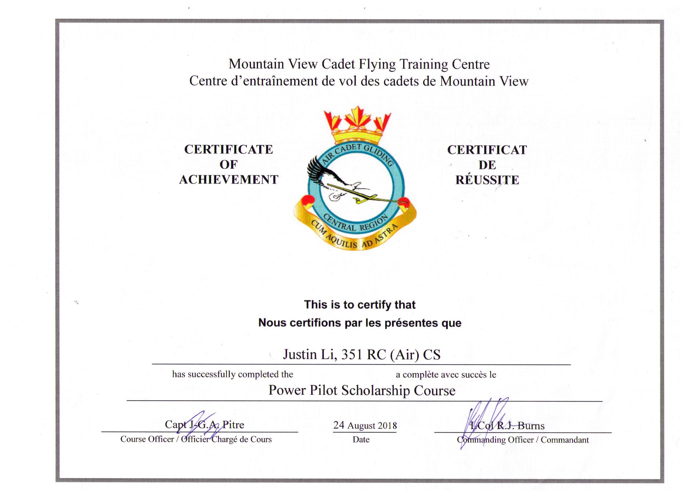 Certificate of achievement for Power Pilot Scholarship Course